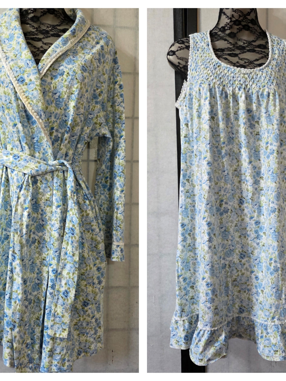 Charter Clun Intimates Women's Blue Floral Cotton Nightgown & Robe Set M